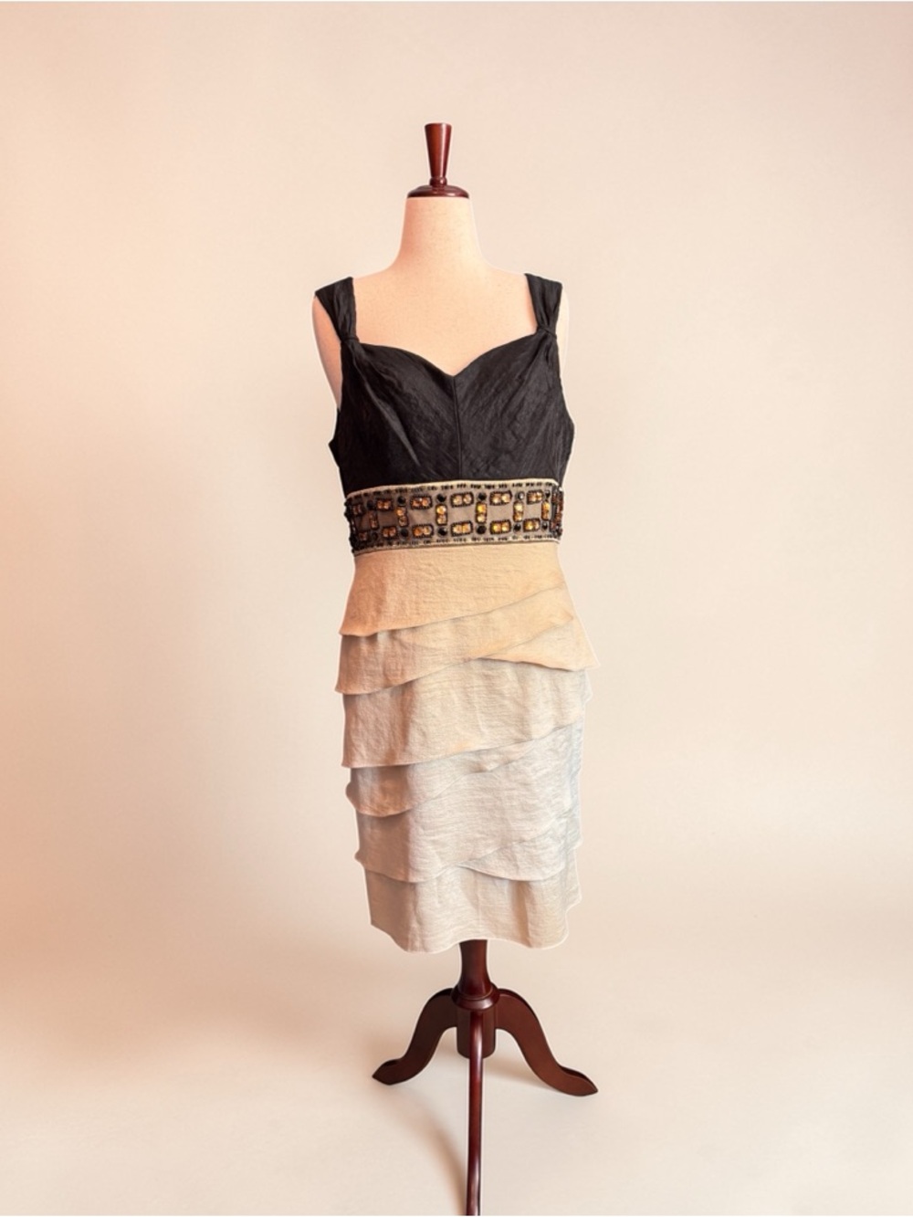 Adrianna Papell Black/Champagne Tiered Cocktail Dress, Wedding Guest, Sz 16, EUC
